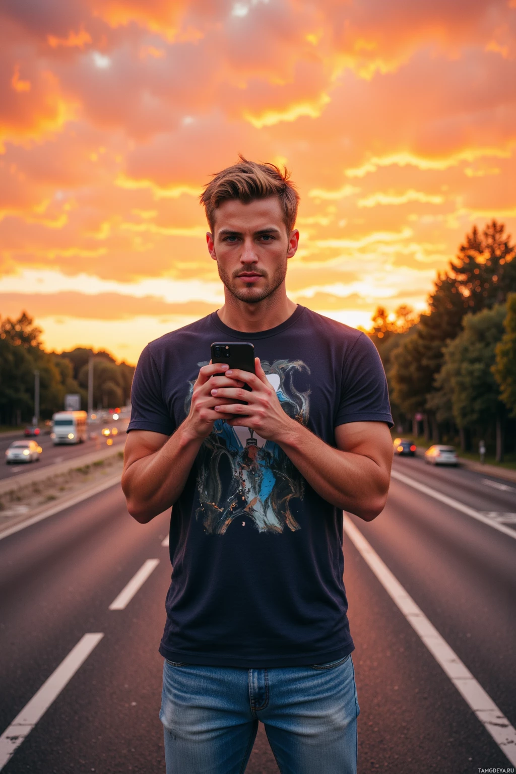 Realistic high quality photo. A lean athletic 24‑year‑old man with short blonde hair, bright blue eyes, wearing a fitted graphic tee and light denim jeans, standing on a modern highway at sunset, gripping a smartphone to rescue a friend from a selfie fail while debating with a bus driver about the meaning of “red,” surrounded by passing cars and a vibrant orange sunset sky.