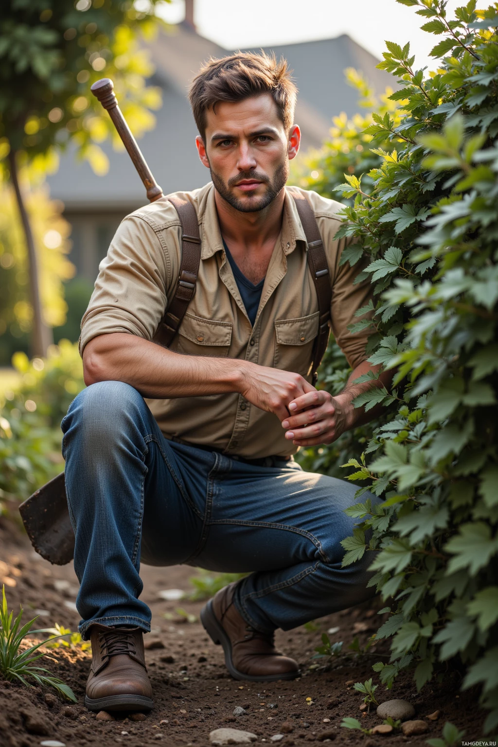 Realistic high quality photo. A rugged 30‑year‑old man with short dark brown hair, clear blue eyes, a prominent jawline and a small scar above his left eyebrow, wearing a weathered work shirt, faded jeans and durable boots, trimming hedges in a backyard garden under late‑afternoon light, with soil visible and a shovel casually slung over his shoulder.