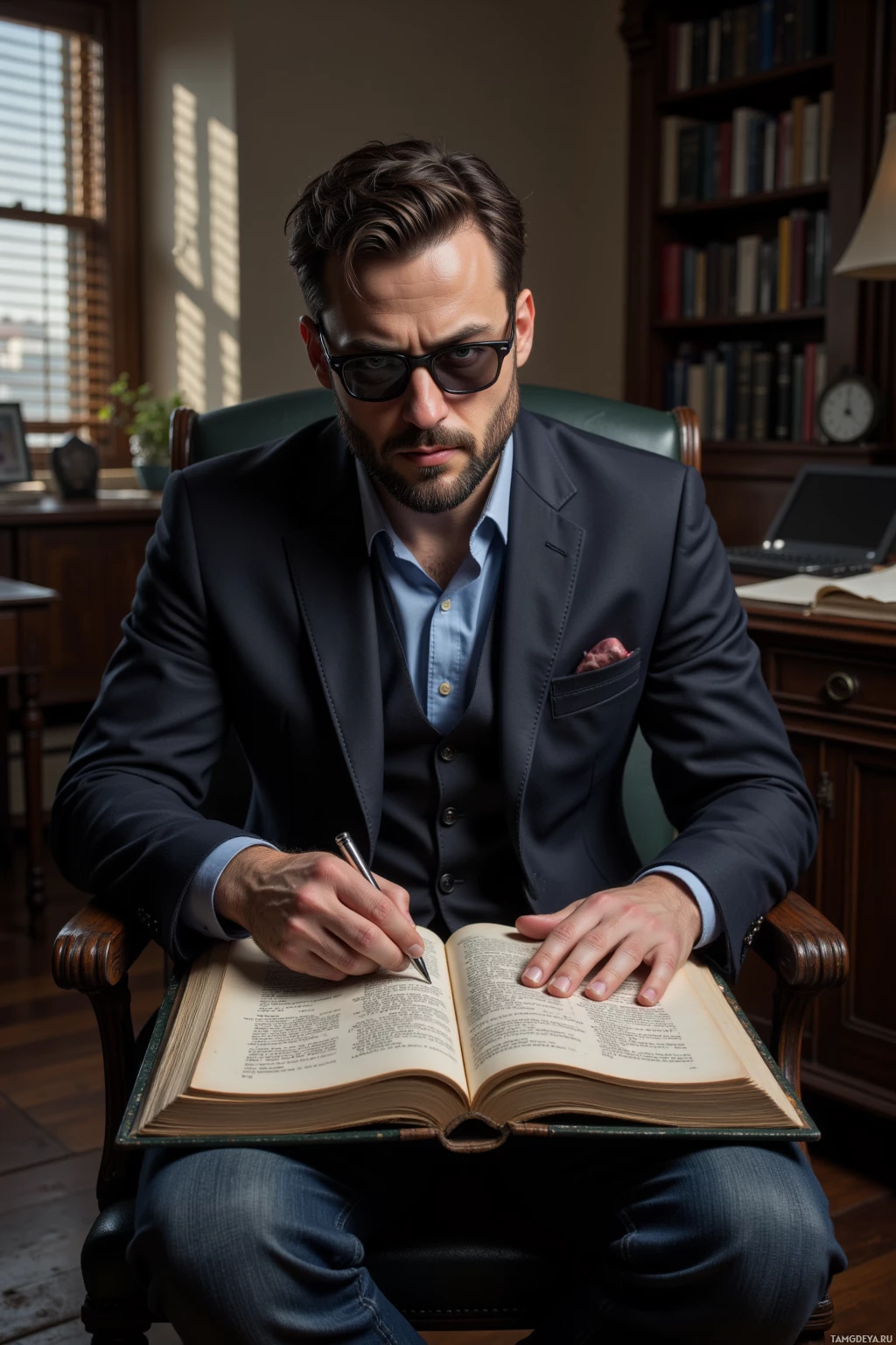 Realistic high quality photo. A 33‑year‑old man with short dark beard, blue eyes, serious expression, wearing a fitted dark jacket, jeans, and sunglasses, sits in a quiet office at morning, light filtering through blinds forming a grid of shadows on the floor as he methodically traces the edges of an old journal with a magnifier.