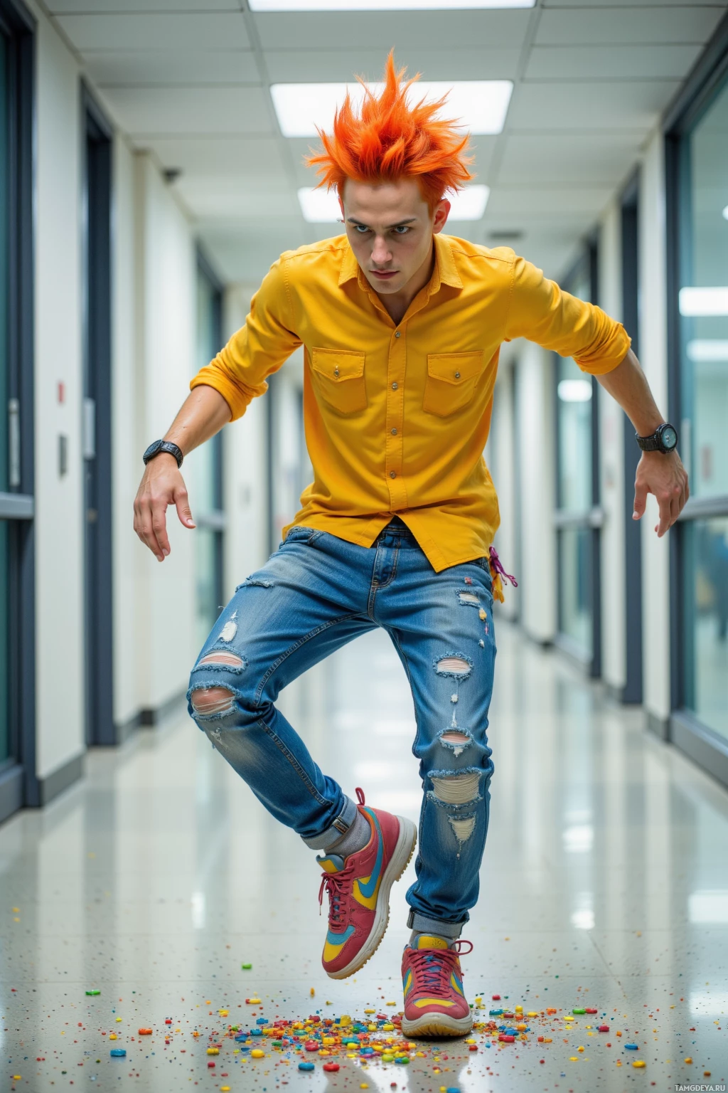 Realistic high quality photo. Young male office worker with bright orange hair, fiery red streaks, green eyes, freckles, wearing a bright yellow shirt, blue jeans, oversized sneakers and colorful accessories, breakdancing like a malfunctioning robot in a bright office hallway, glitter confetti, modern realism.