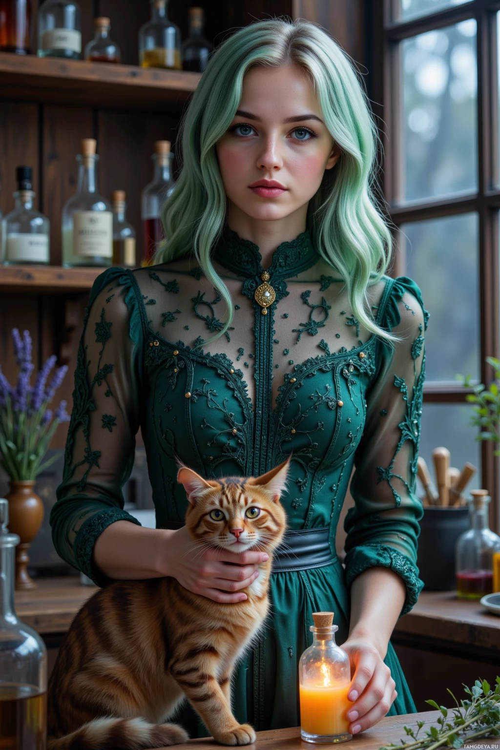 Realistic high quality photo. A 30‑year‑old woman with green ombre hair in soft waves, pale skin, deep blue eyes, wearing a long dark green Victorian lace dress with pearls and a golden brooch, stands in a dimly lit perfume laboratory surrounded by glass bottles and lavender sprigs, while a mischievous cat leans over a bubbling vial as she stirs a glowing fragrance under moonlit rain outside the window.