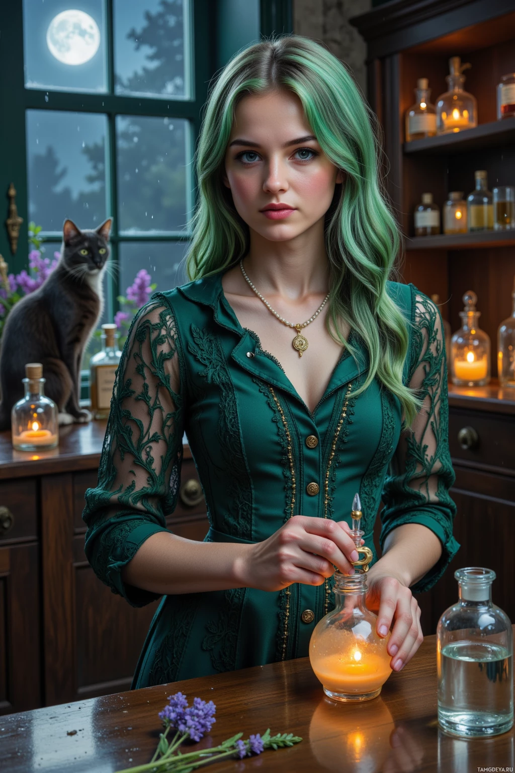 Realistic high quality photo. A 30‑year‑old woman with green ombre hair in soft waves, pale skin, deep blue eyes, wearing a long dark green Victorian lace dress with pearls and a golden brooch, stands in a dimly lit perfume laboratory surrounded by glass bottles and lavender sprigs, while a mischievous cat leans over a bubbling vial as she stirs a glowing fragrance under moonlit rain outside the window.