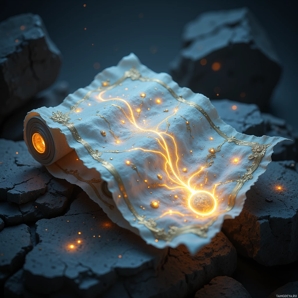 Semi-abstract image with many light, that is suitable for the post:  a miniature translucent coin-sized scroll made of thin parchment, adorned with delicate silver runes that subtly shift and glow faintly, emitting a soft luminous hum.