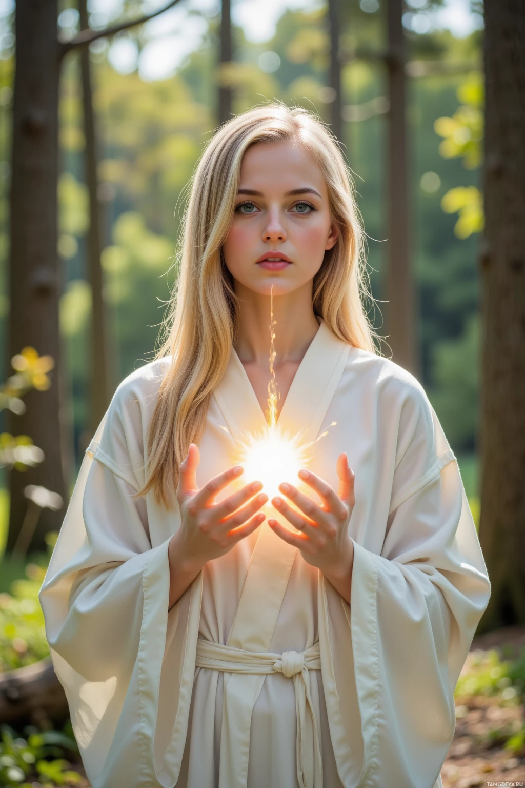 Realistic high quality photo. Female, 29, long blonde hair in a soft knot, piercing blue eyes, porcelain skin, wearing flowing white robes with a faint luminous glow, standing in a sunlit forest clearing chanting to protect her radiant aura, her calm determination reflecting empathetic strength and stubborn idealism.
