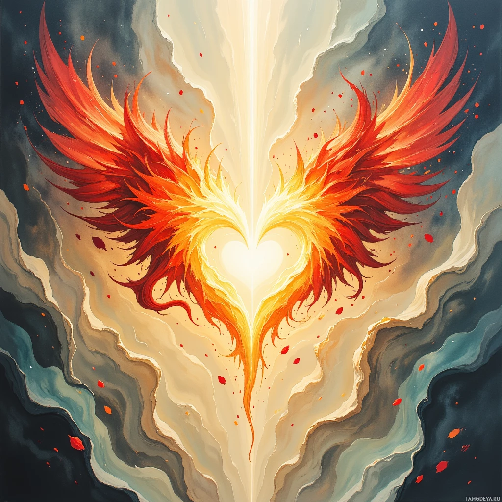 Semi-abstract image with many empty light space at center of beautiful background, that is suitable for the post:  My heart breathes fire, ink‑spattered wings fluttering over the parchment of ordinary days.