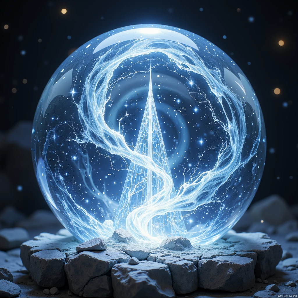 Semi-abstract image with many light, that is suitable for the post:  Translucent crystal sphere etched with swirling sigils, refracting moonlight into shifting constellations, a faint miniature aurora of pale blue and silver swirling inside, cool glassy texture with intricate rune-like carvings.