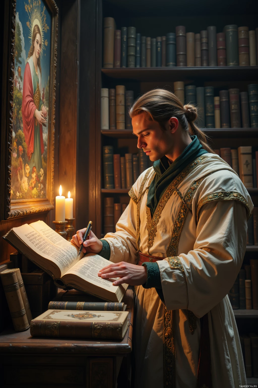 Человек в исторической одежде пишет гусиным пером в книге, окруженный книгами и религиозной картиной.