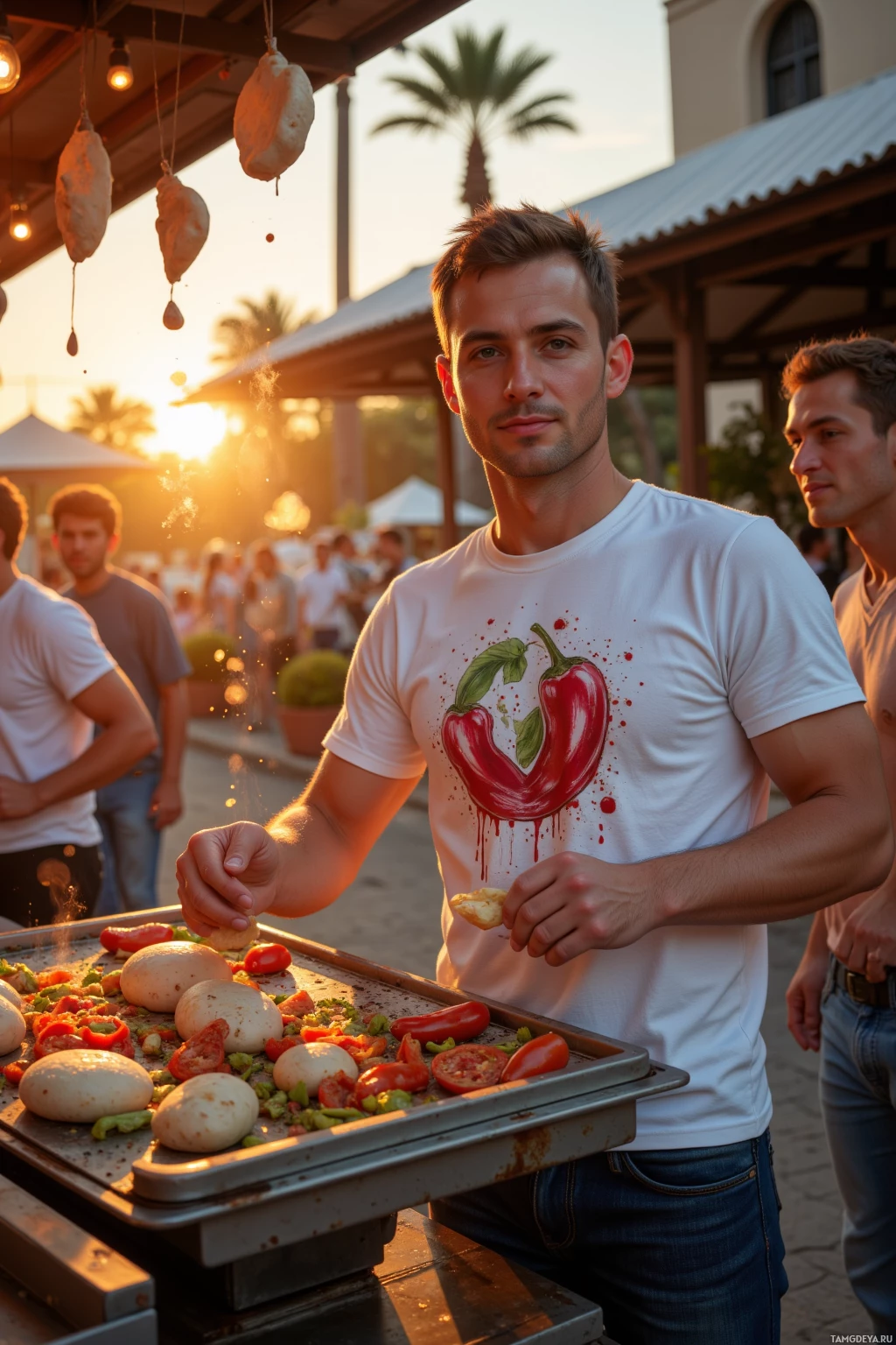Realistic high quality photo. Male chef with short dark brown hair and blue eyes, wearing a pepper‑splattered white graphic t‑shirt and dark jeans, tossing shawarma dough in an open street kitchen at sunset, surrounded by laughing friends and a nearby hammock awaiting his break.