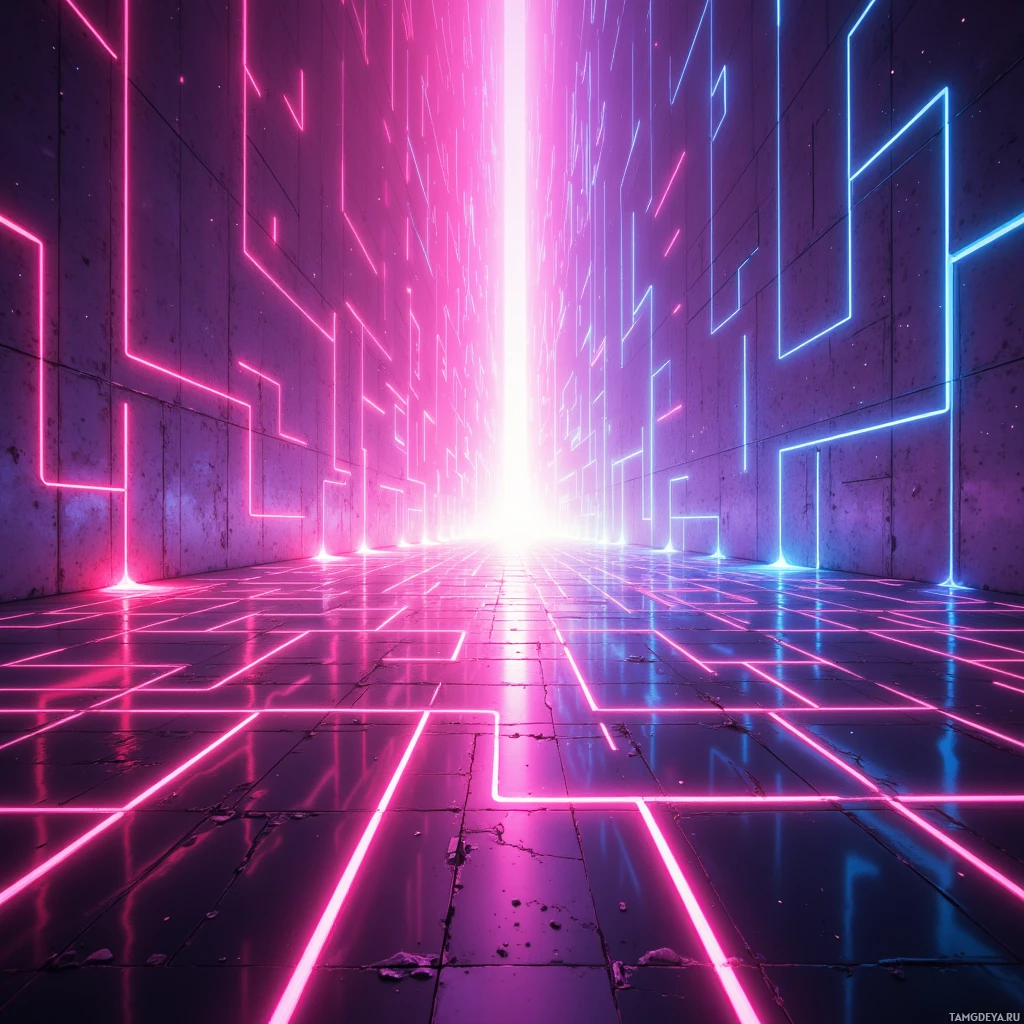 Semi-abstract image with many empty light space at center of beautiful background, that is suitable for the post:  My pulse echoes in the neon maze; each jump a gamble that only I can navigate.
