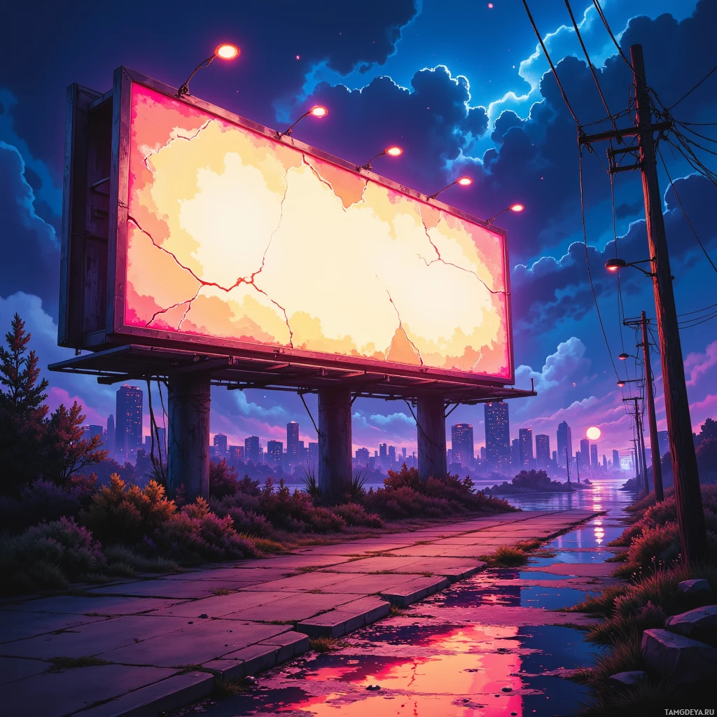 Semi-abstract image with many empty light space at center of beautiful background, that is suitable for the post:  A cracked billboard whispers a forbidden lullaby to passing shadows, and I paint its chorus in dripping neon.