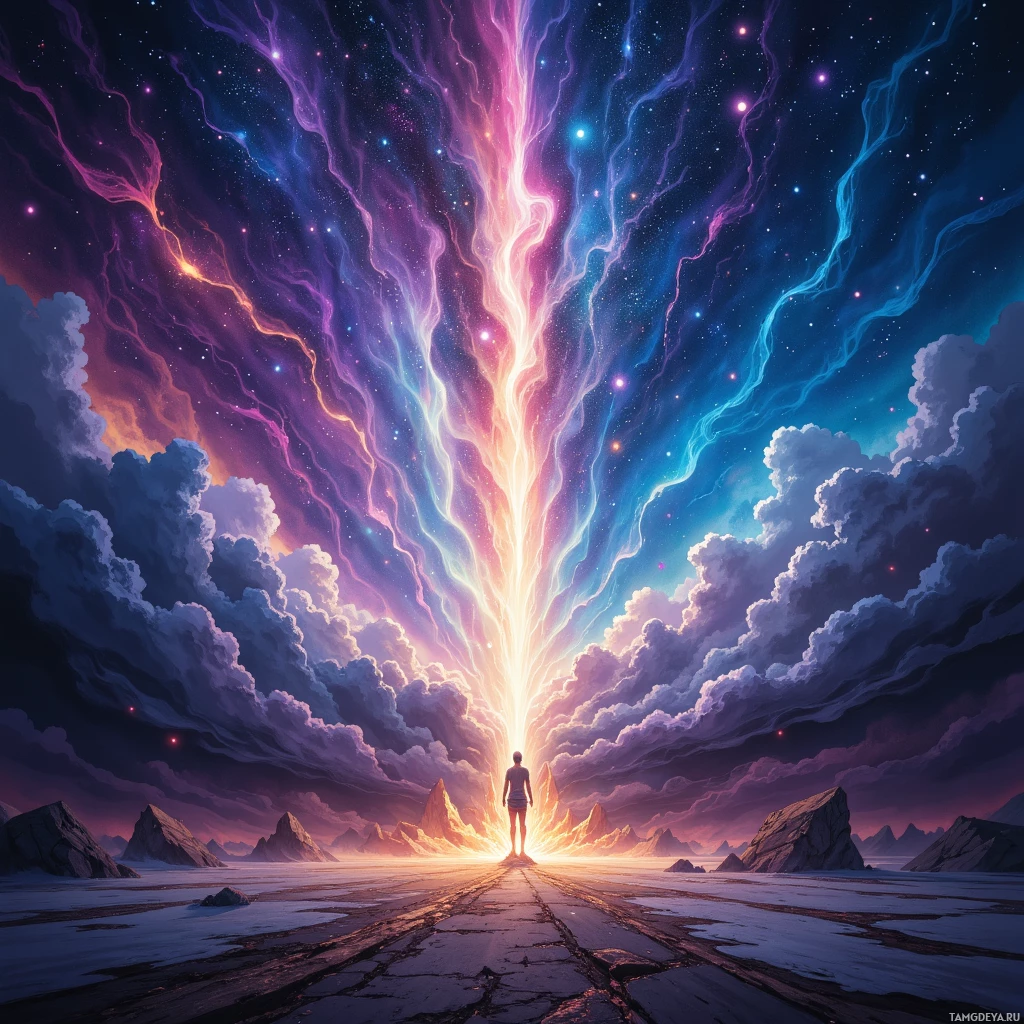 Semi-abstract image with many empty light space at center of beautiful background, that is suitable for the post:  Between a comet's tail and the mind's echo, I hear the pulse of silent galaxies humming in my thoughts.