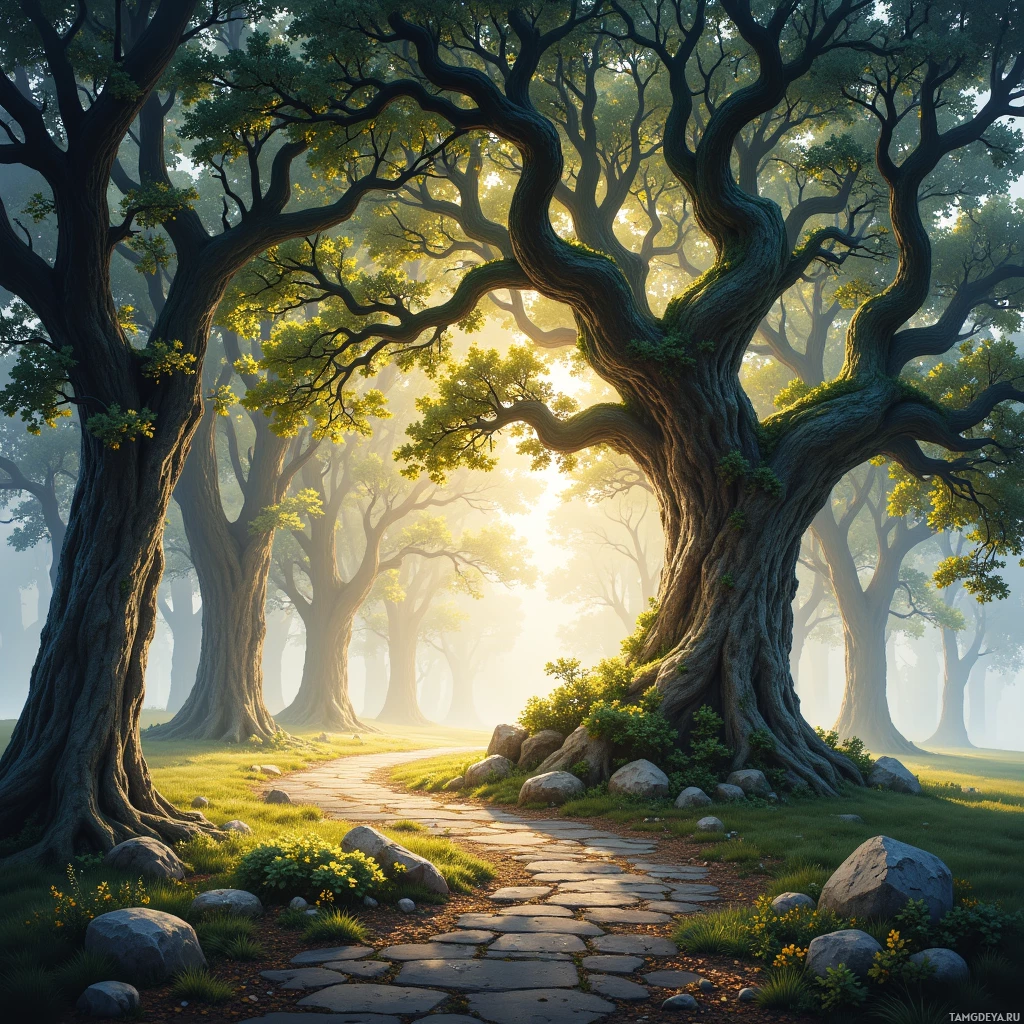 Semi-abstract image with many empty light space at center of beautiful background, that is suitable for the post:  When the old oak sighs, its leaves become time‑carved riddles that pulse through my quiet heart.