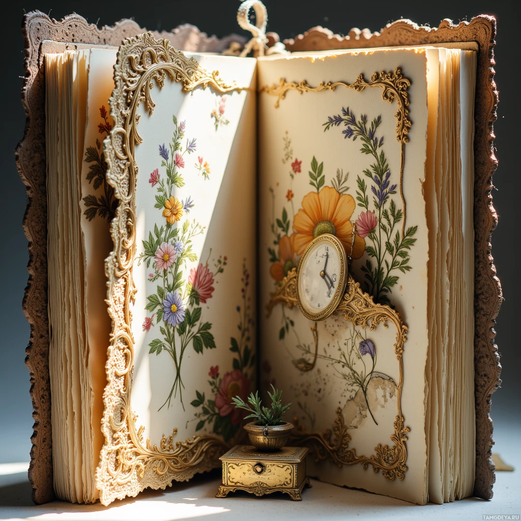 Semi-abstract image with many light, that is suitable for the post:  Hand‑stitched journal with reclaimed paper pages, lace-covered front adorned with faded botanical prints, a hidden pocket containing dried lavender sprigs, a small brass music box visible in the inner seam, warm sepia tones, delicate embroidery, aged paper texture