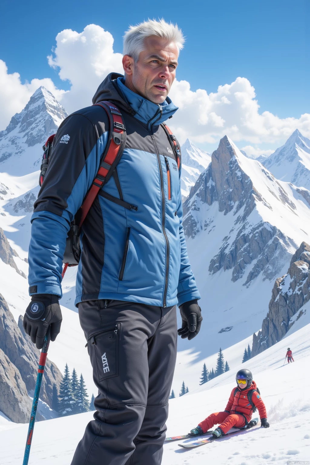 Realistic high quality photo. A 35‑year‑old male coach with short white hair, piercing blue eyes, wearing a sleek winter jacket and ski pants, standing on a snowy hilltop, shouting at a junior skier lying on the slope with a rappel rope nearby, in bright daylight.