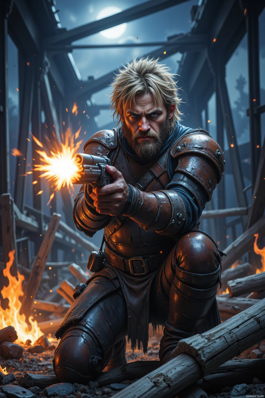 Realistic high quality photo. Nighttime ruined bridge with twisted steel beams and collapsed wooden planks, a rugged man in worn leather armor with messy blonde hair, blue eyes, scruffy beard, intense expression firing at a band of scavengers amid swirling smoke from burnt oil and faint moonlight.