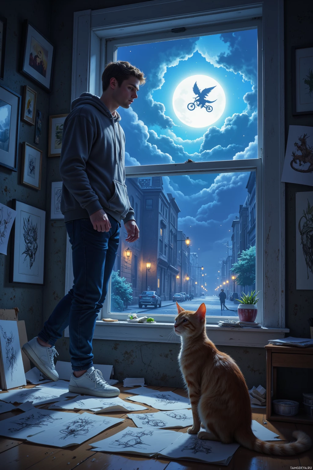 Realistic high quality photo. Male, 31‑year‑old man with short brown hair, blue eyes, fair skin, rounded features, wearing a casual hoodie and sneakers, balances atop a pile of draft sketches in a dim studio at night; his cat Ink gazes intently at portal drawings on the walls, while outside the window moonlight flickers over an ethereal street that fades into darkness, and in the background a half‑illustrated dragon rides a bicycle, embodying whimsical creative chaos.