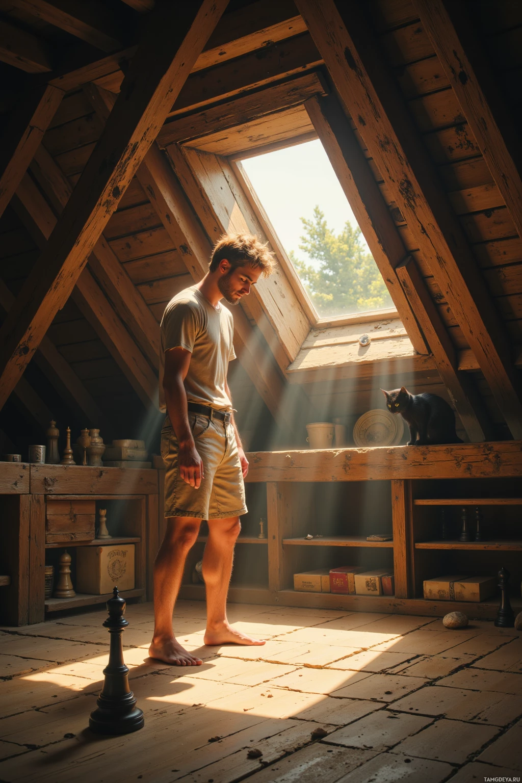 Realistic high quality photo. An attic in late afternoon, warm angled sunlit dust motes swirling over cracked floorboards, a single worn pawn on the floor, a small black cat perched on a ledge staring at the light, a man with tousled light brown hair, green eyes, pale skin, wearing minimalist light‑toned casual clothes, standing near the pawn with his hands resting on it, expression focused and contemplative, faint creaks echoing in the quiet space.