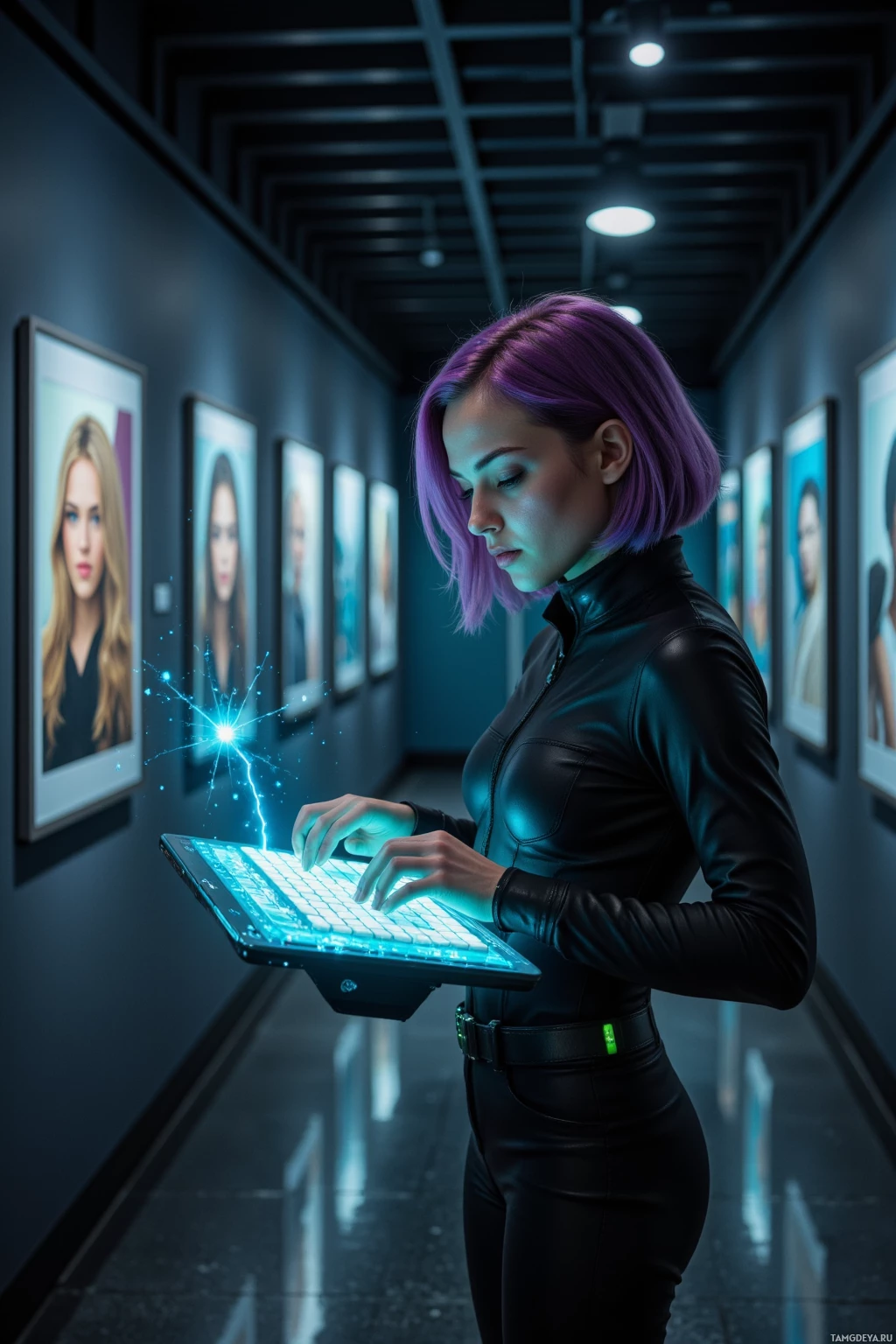 Realistic high quality photo. A 22‑year‑old woman with short vibrant purple hair and striking green eyes, wearing a black jumpsuit with metallic green accents and chunky sneakers, stands in the dim, high‑tech museum corridor at midnight, typing on a floating holographic keyboard that illuminates a glowing neural net node while augmented portraits flicker around her.
