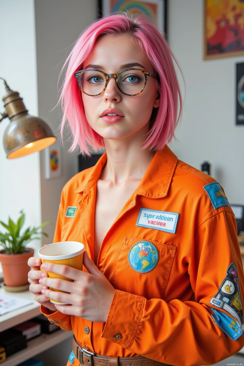 Realistic high quality photo. 23‑year‑old woman with electric pink messy bob, bright blue eyes, creamy white skin, bold angular glasses, wearing a vibrant orange jumpsuit with colorful patches and a utility belt, standing in a modern home office with a desk lamp made from an abandoned sneaker illuminating a small potted plant, holding a cup of recycled water, looking excited and creative in afternoon light.