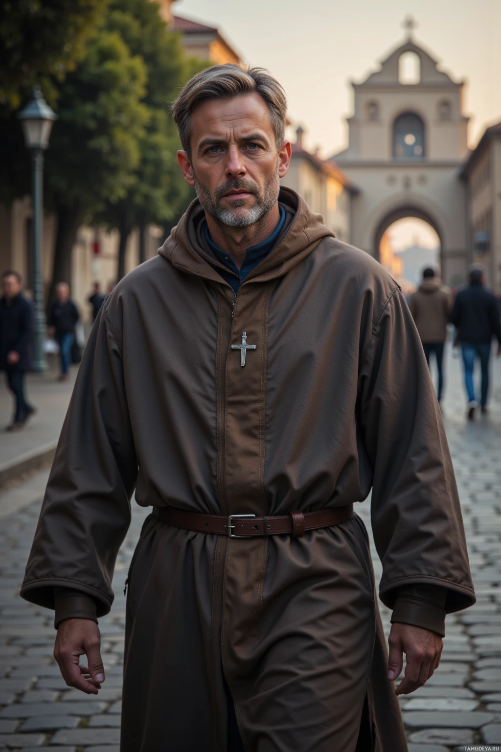 Realistic high quality photo. Man 45 with light blonde hair streaked gray, soft blue eyes, fair skin, wearing muted earth‑tone clerical robes with silver cross pendant, walking along quiet cobblestone street at dusk, calm yet determined gaze and slight stoop reflecting responsibility, hearing a laughing child playing in a nearby park while an old stone church bell tower looms behind him.