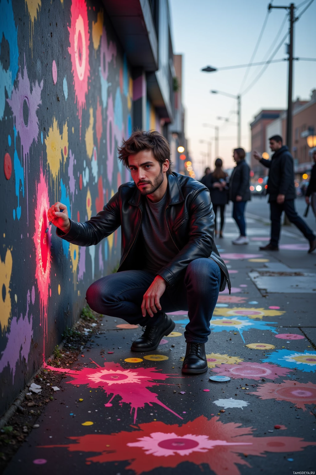 Realistic high quality photo. A lean 29‑year‑old man with tousled dark brown hair, blue eyes, in a black leather jacket over a dark shirt and jeans, applies bright stencil paint that drips into the corners of an abandoned lot at twilight, as passersby pause with tilted heads, his calm smile reflecting fierce idealism.