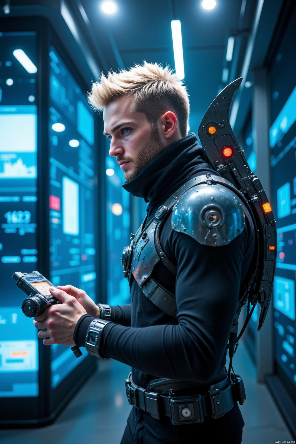 Realistic high quality photo. Male, 40, tall cyber shark with short blonde slicked‑back hair, angular face, piercing brown eyes, sleek metallic fins on his back, wearing a black high‑tech jumpsuit reinforced with metallic plates and a utility belt, calibrating gadgets while observing intrusion attempts in a vast digital ocean of glowing data streams, exuding cold precision and relentless focus.