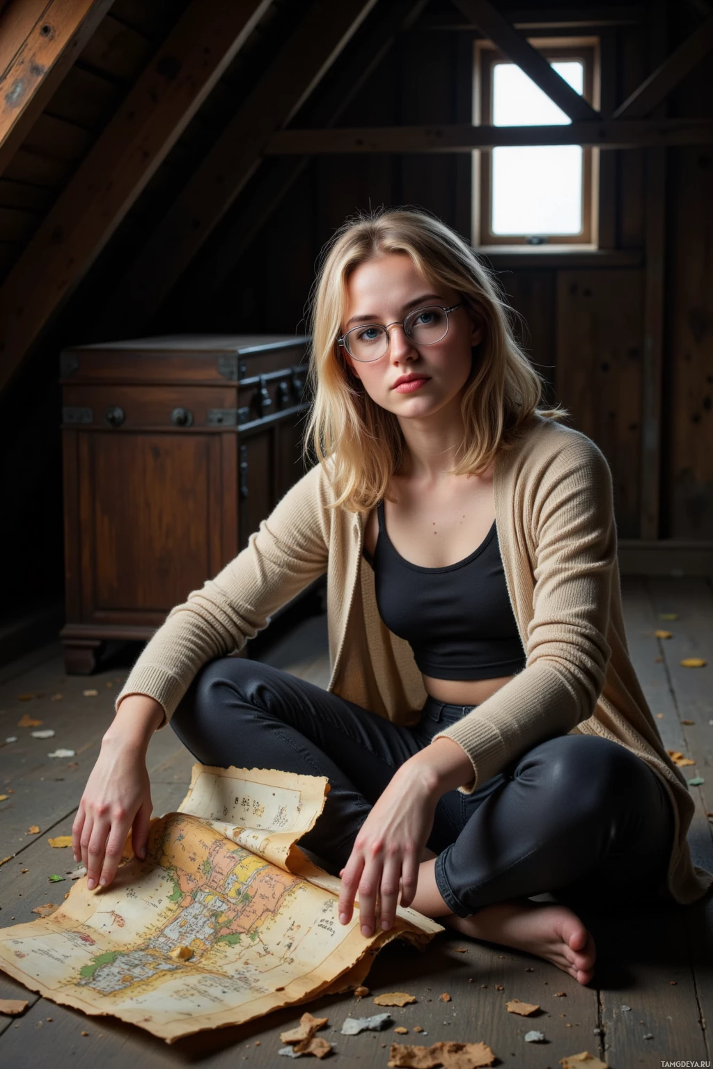 Realistic high quality photo. 27-year-old woman Skye with medium-length blonde hair in a low ponytail, blue eyes behind vintage glasses, wearing a cozy cardigan draped over her shoulders and comfortable slacks, sits on the floor of a dim attic, turning over a brittle parchment map from a forgotten wooden chest amid dust motes, late afternoon light filtering through a small window, posture conveying subtle confidence.