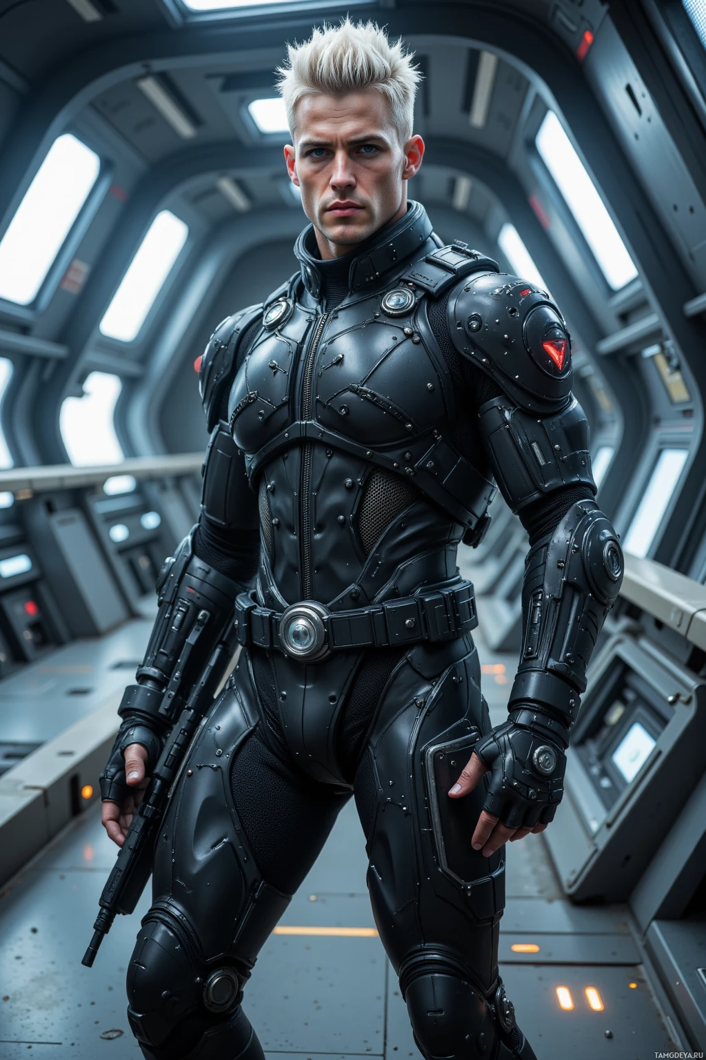 Realistic high quality photo. A disciplined cybernetic soldier, male 35, tall muscular with short metallic silver pompadour hair and piercing blue eyes, wearing a streamlined black tactical jumpsuit with silver accents, stands at the edge of a futuristic command deck illuminated by holographic panels, high‑tech rifle slung over his shoulder, circuitry glowing beneath him.