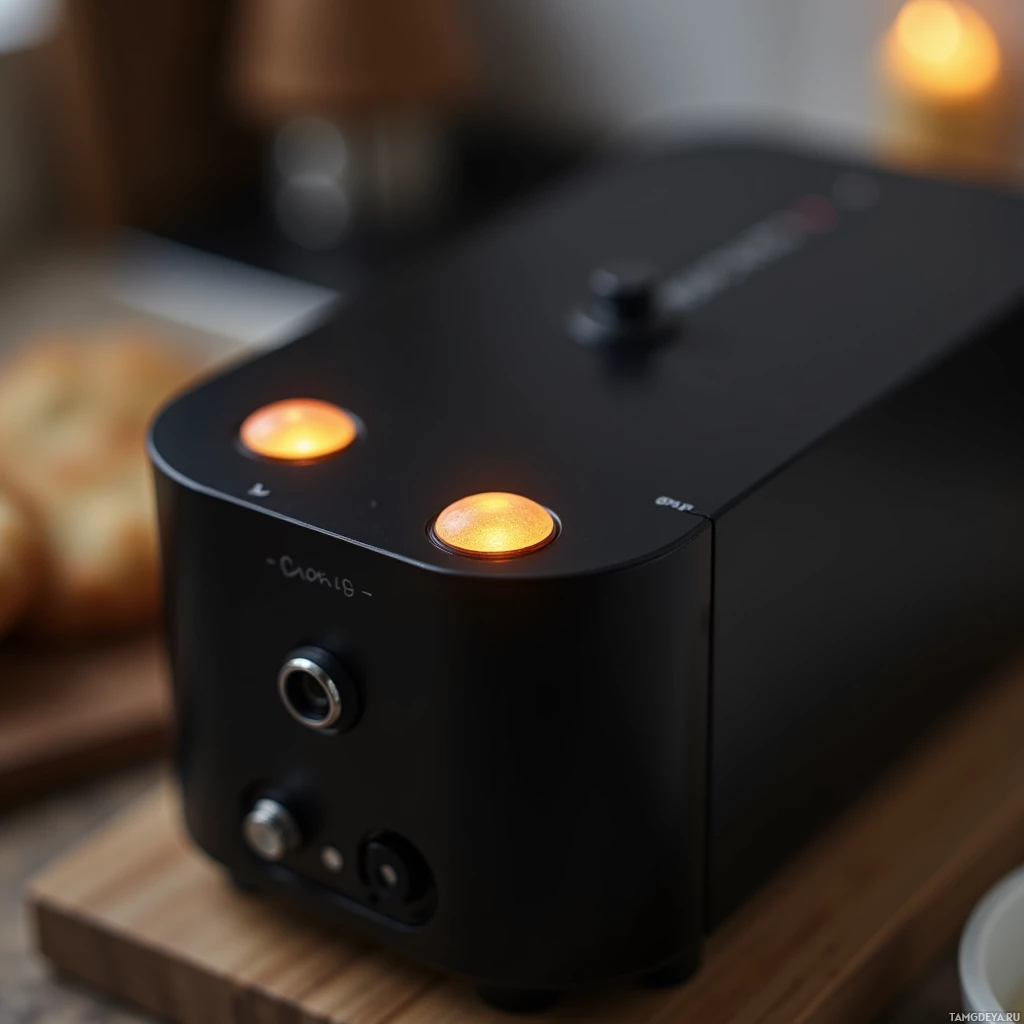 Semi-abstract image with many light, that is suitable for the post:  sleek matte black rectangular kitchen appliance with a glossy cookie‑shaped button that emits a soft warm glow, equipped with a tiny high‑resolution camera lens and subtle silver circuitry accents.