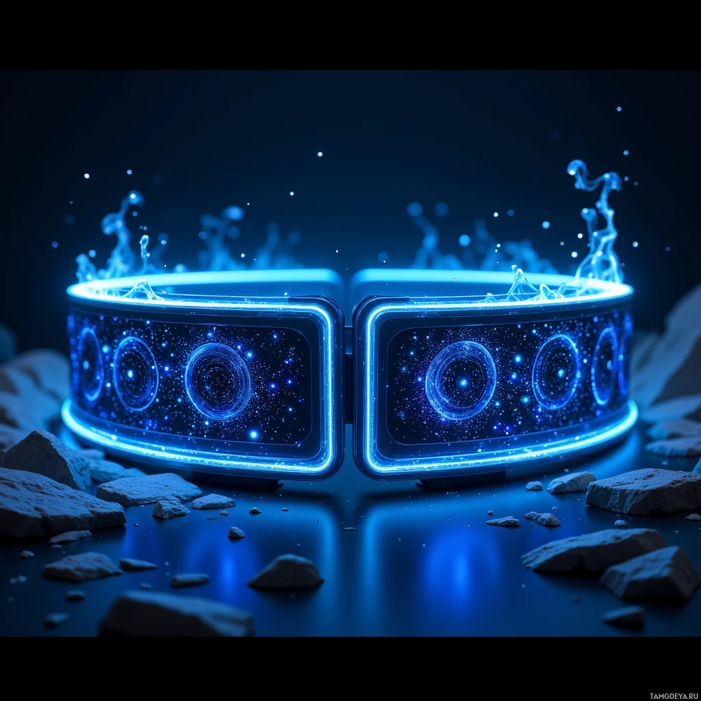Semi-abstract image with many light, that is suitable for the post:  A sleek midnight‑blue hover belt, thin and flexible, woven with a lattice of glowing micro‑turbines that channel air into a nano‑cushion, its edges illuminated with neon accents when activated.