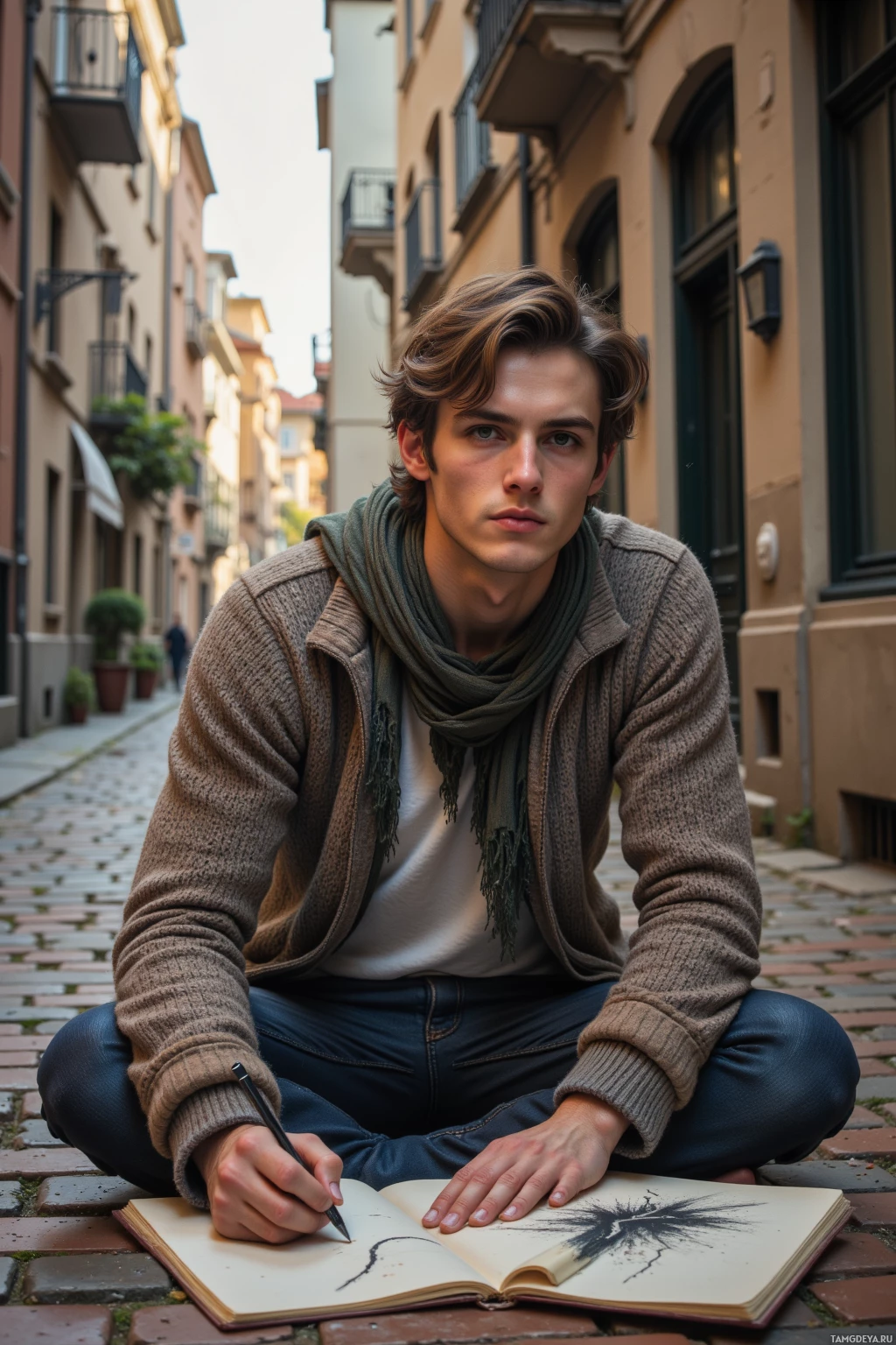 Realistic high quality photo. A 28‑year‑old man with short brown hair, green eyes, fair skin, delicate features, wearing a cozy sweater and a soft scarf, sits on an old brick walkway at late afternoon, sketching a thin crack in charcoal on a notebook, light filtering through, quiet reflective mood.