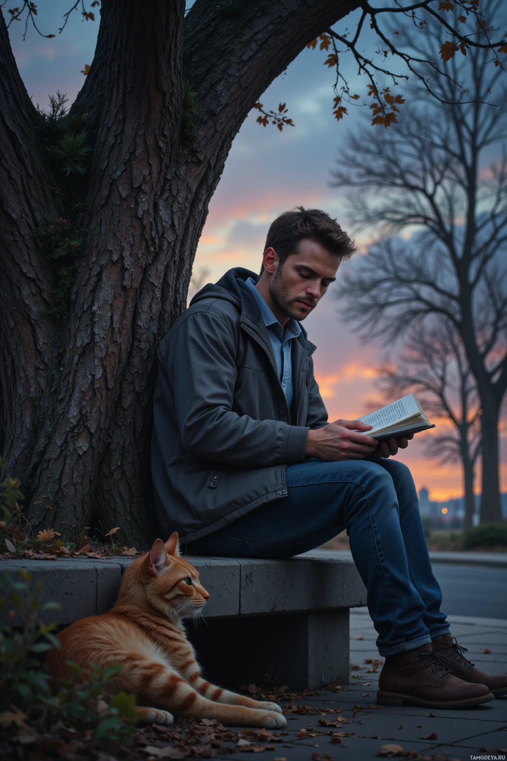 Realistic high quality photo. A 34‑year‑old man with short light brown hair and green eyes, wearing a charcoal grey jacket and faded jeans, sits on the edge of a cracked concrete bench beside an old oak tree at dusk, watching a stray cat drift by as he pulls out his notebook from his jacket pocket while faint city noises hum in the background.