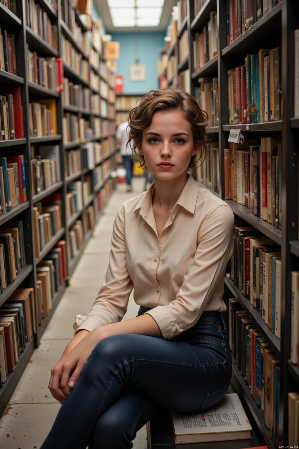 Realistic high quality photo. A 29‑year‑old woman with short curly light brown hair and clear blue eyes, wearing a fitted cream blouse and dark slim jeans, sits in a narrow old bookstore corridor, notebook in hand, as dust motes drift among lined shelves under soft afternoon light.