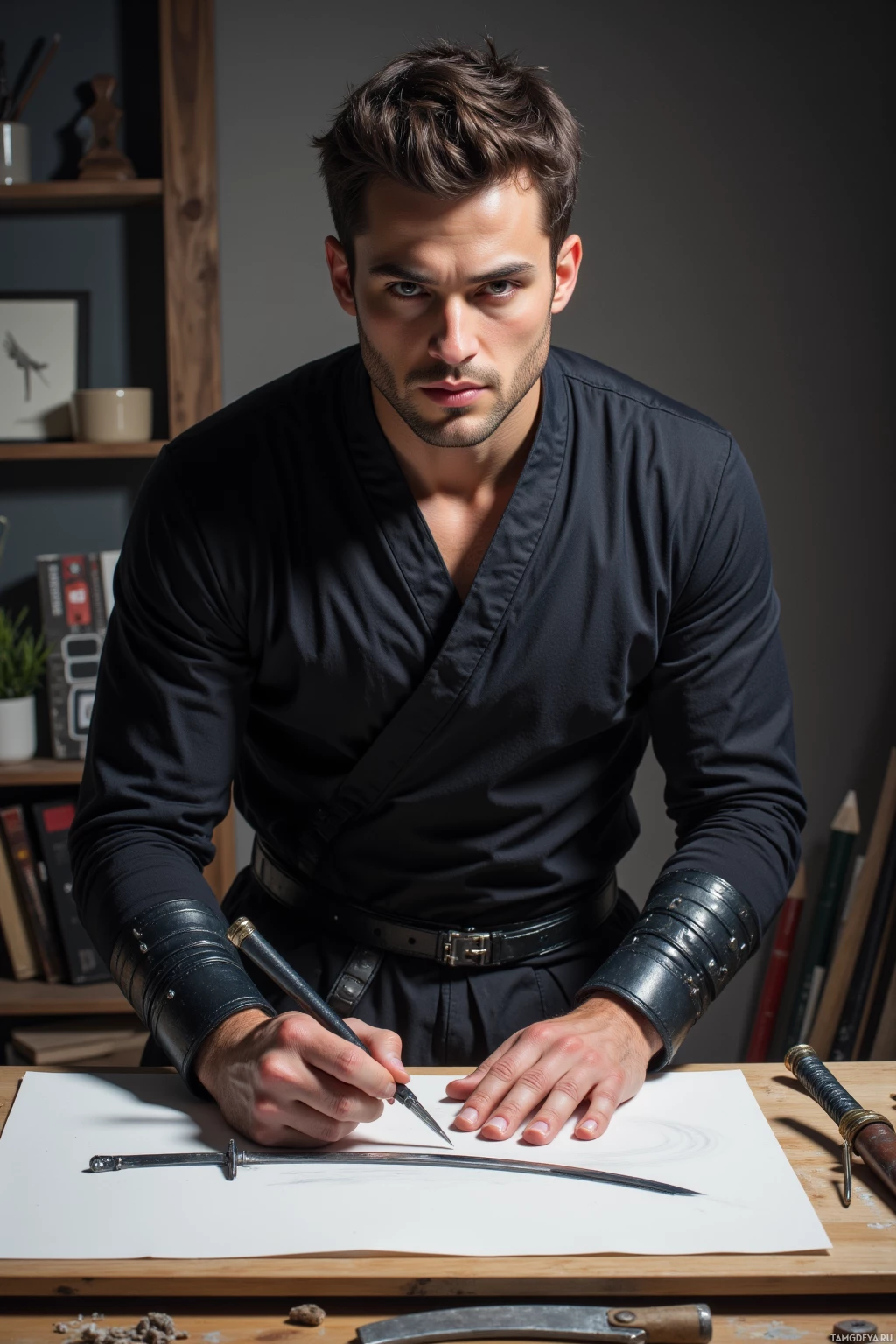 Realistic high quality photo. A tall, fit 29‑year‑old man with short dark brown hair and focused blue eyes in a sleek black ninja outfit with a utility belt, calmly sketching charcoal lines of a steel knife and training sword on a silent studio table, his expression reflecting disciplined precision and artistic mastery.