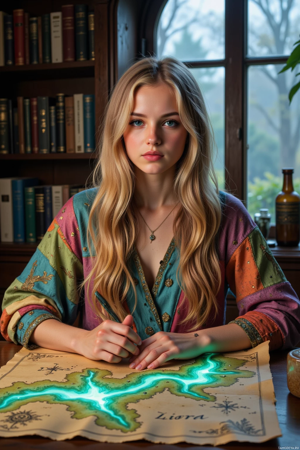 Realistic high quality photo. A 31‑year‑old woman with long wavy blonde hair, green eyes, fair skin and delicate features, wearing a colorful whimsical dress and handmade jewelry, sits at an old wooden desk in a moonlit study, tracing a glowing river on a moss‑covered parchment map of the kingdom Liora while outside leaves rustle.