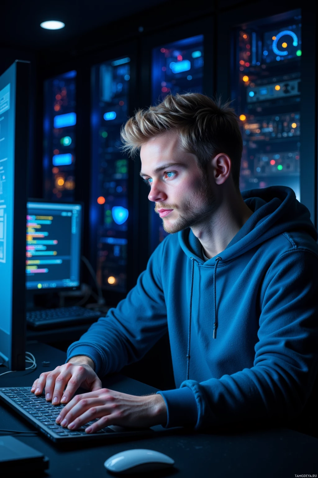 Realistic high quality photo. A 25‑year‑old male with short blonde hair, bright blue eyes, slender build, wearing a casual tech hoodie, sits in a dimly lit server room at night, typing code on a glowing monitor amid flickering servers and blinking LED cables, his calculating expression half‑smirking at the chaotic glitches.
