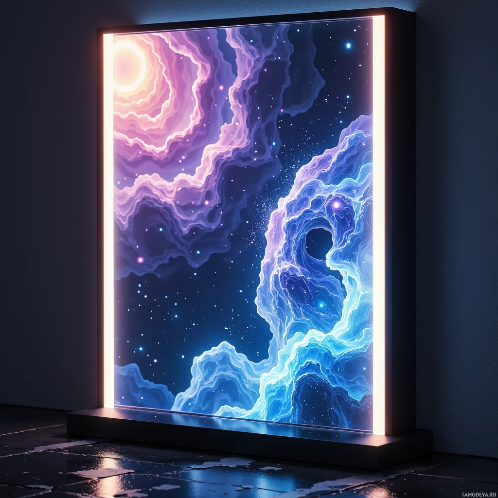 Semi-abstract image with many light, that is suitable for the post:  Sleek titanium-framed smart mirror with a seamless matte black frame, embedded adaptive OLED surface displaying shimmering lighting suggestions and color palettes, subtle glossy reflections, and integrated subtle LED accents for a futuristic, high‑tech aesthetic.