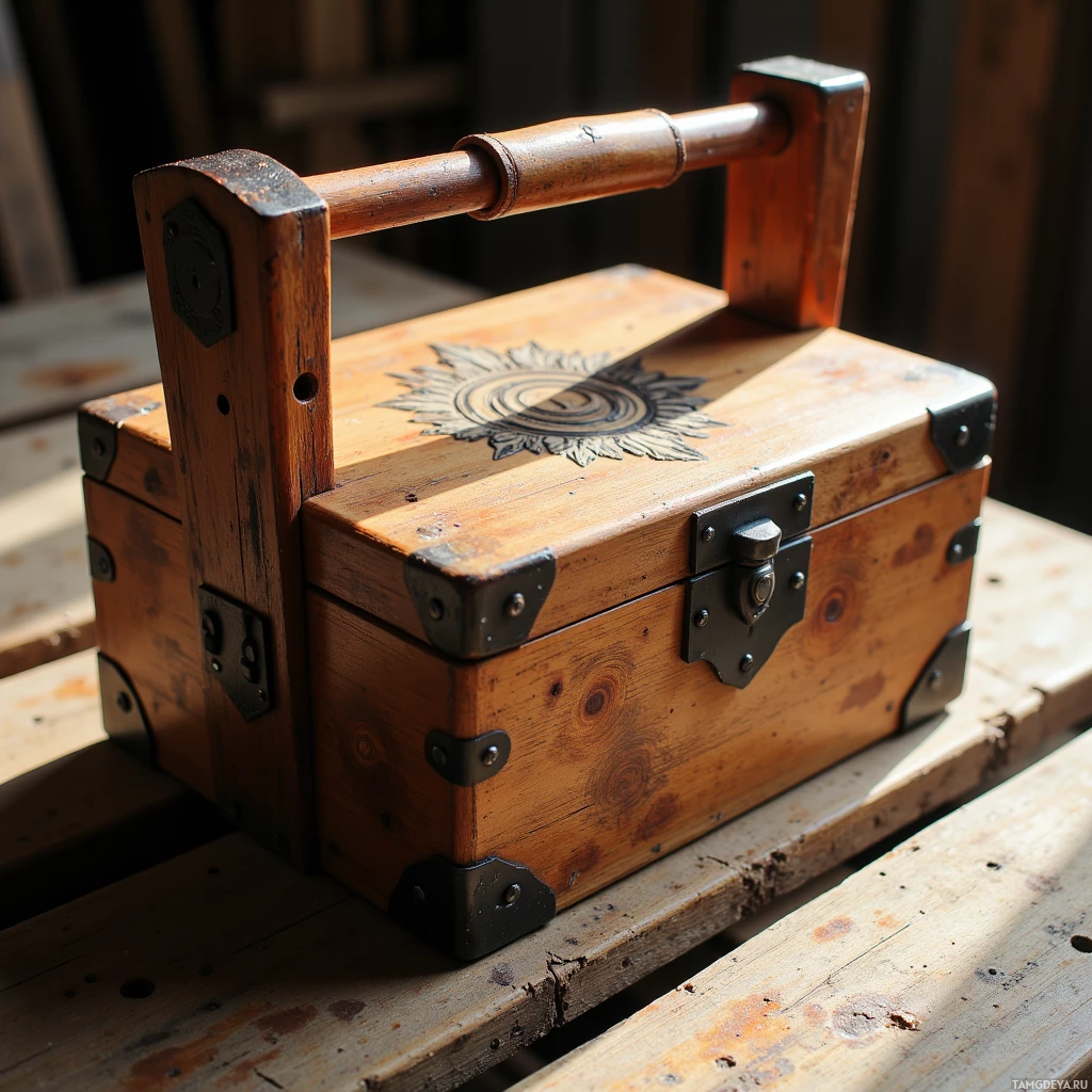 Semi-abstract image with many light, that is suitable for the post:  Reclaimed cedar hand‑carved toolbox with a solid cedar frame, dark iron hinges, a worn tan leather strap handle, lid etched with a simple family crest, hidden compartment inside, rustic weathered wood surface.