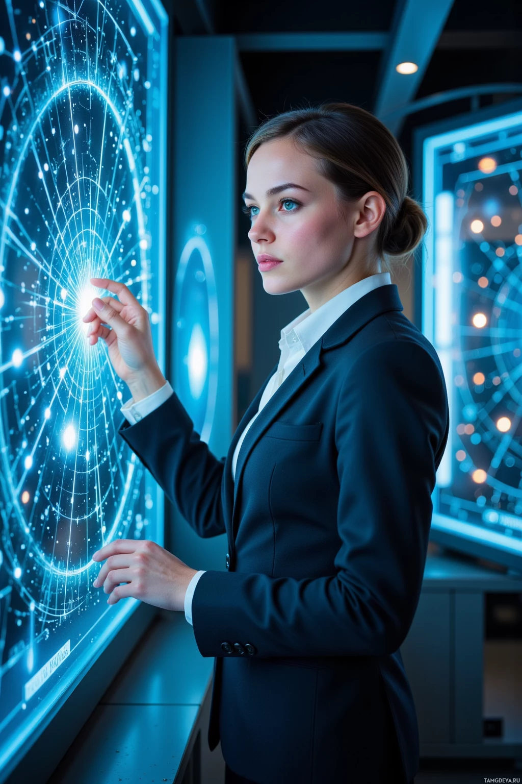 Realistic high quality photo. Female, 34, sleek black hair in a neat bun, bright green eyes, porcelain skin, wearing a tailored dark suit, crisp white blouse, statement necklace, high heels, standing in a high‑tech quantum lab under spectral blue glow, mapping luminous quantum threads that radiate like constellations across holographic displays, focused and methodical.
