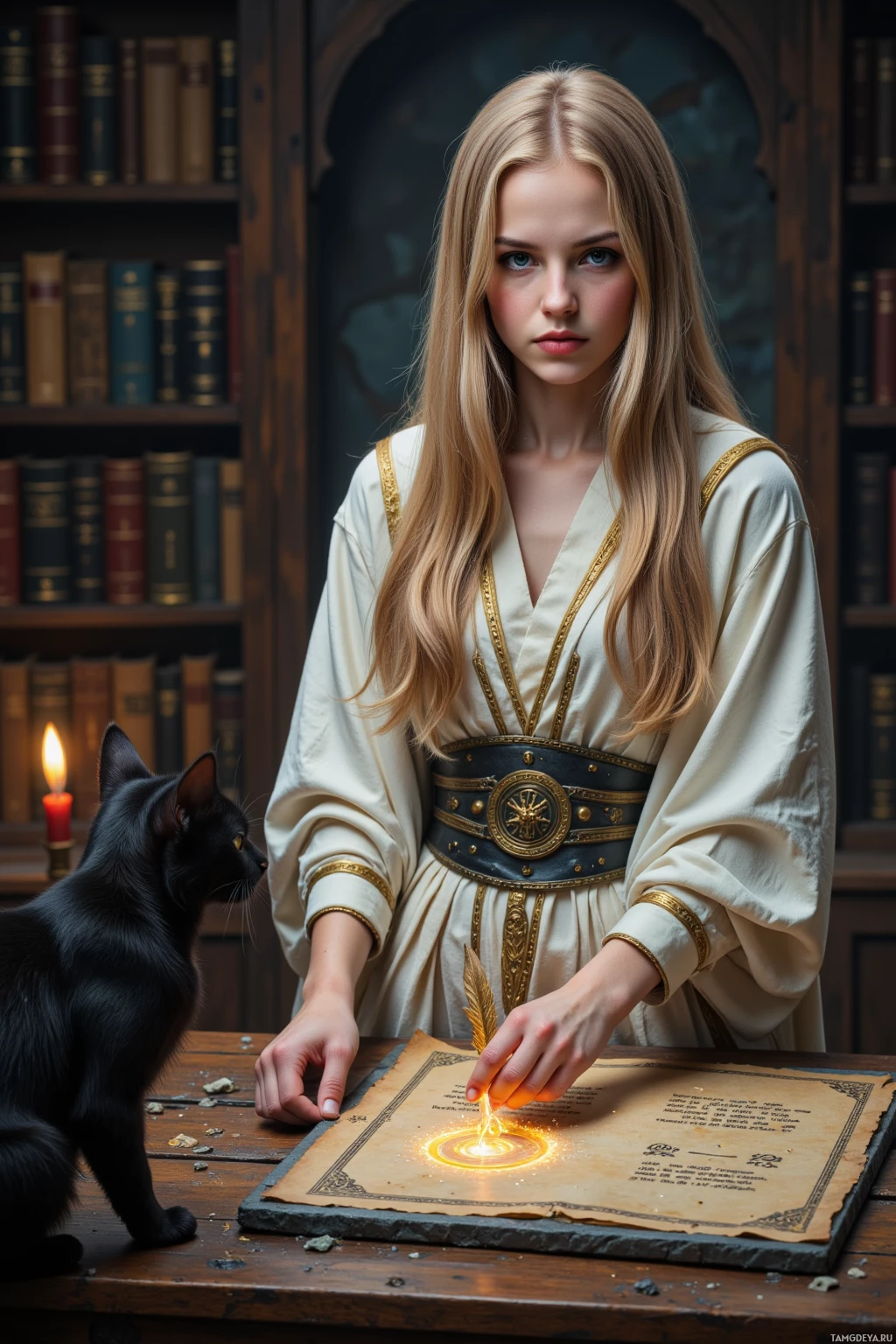 Realistic high quality photo. Female 31-year-old sage with long blonde hair, striking blue eyes and pale skin, wearing flowing white robes intricately patterned with mythological symbols, standing in a dim medieval study lined with ancient scrolls and books, watching a glowing rune on a stone slab emit glittering dust that swirls around a black cat perched on the table while a quill beside her penning “Doom” in shimmering ink, candlelight flickering.