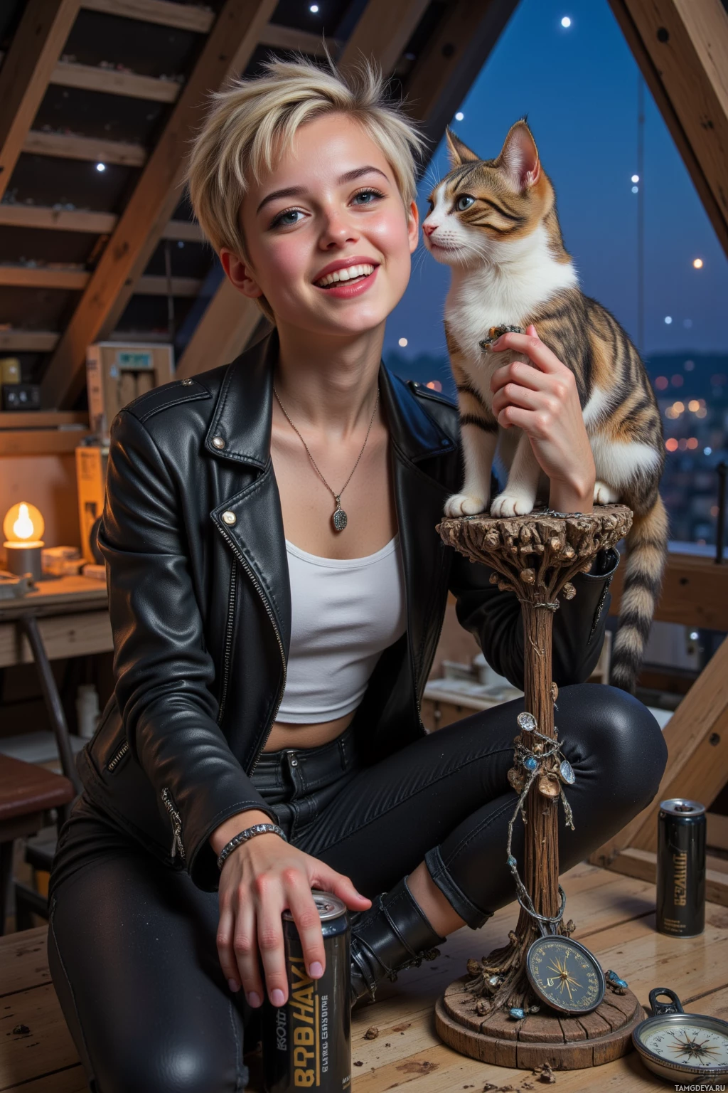 Realistic high quality photo. Young woman with short spiky blonde hair and bright blue eyes, wearing a black leather jacket over a white tank top, tight jeans, black combat boots, a silver chain with a tiny mythical creature, holding an energy drink, laughing in a cluttered attic at night lit by a glittering collage of city lights while assembling a sculpture of mismatched spoons and a broken compass, whispering philosophical riddles to a curious cat perched beside her.