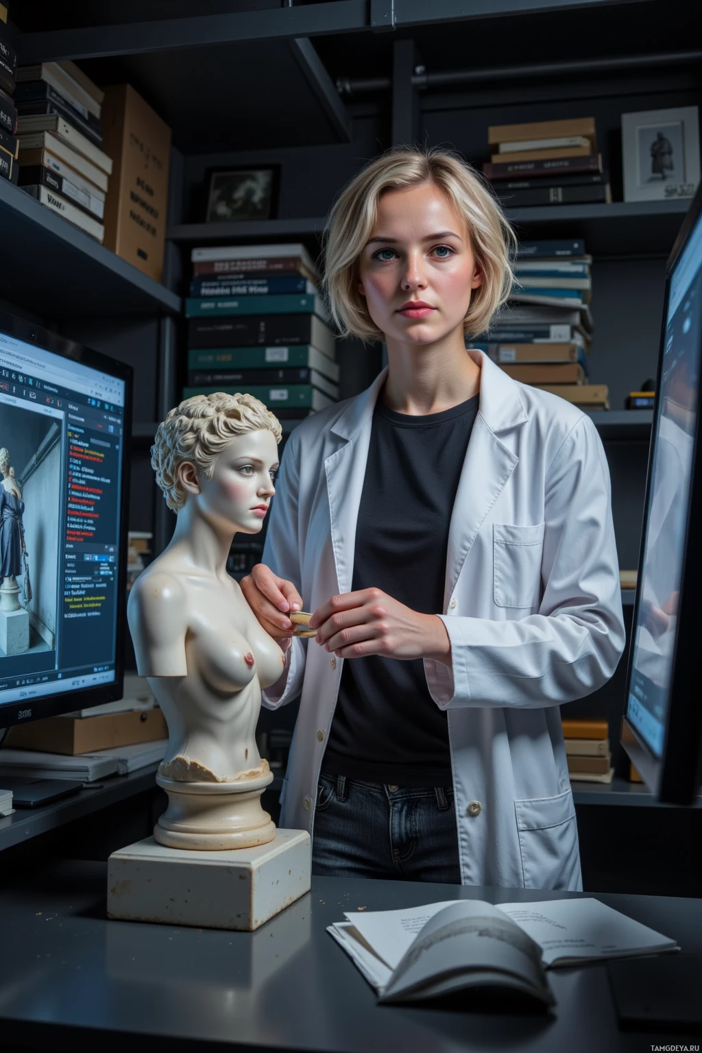 Realistic high quality photo. 40‑year‑old woman with short curly blonde hair and bright blue eyes wearing a white lab coat over a black t‑shirt and gray jeans stands in a dimly lit server room surrounded by stacks of archived texture files, carefully correcting a glimmering vertex on a museum statue while her computer displays looping batch scripts aligning perfect UV grids.