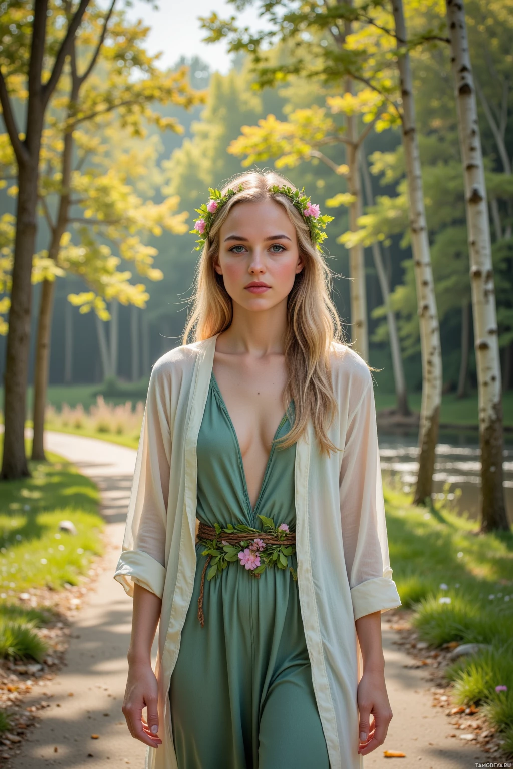 Realistic high quality photo. Tall 29‑year‑old woman with long blonde hair and blue eyes, fair glowing skin, in flowing white and green robes crowned by woven wildflowers and a vine belt, walking slowly along an old river path beneath a birch canopy at dawn as morning light filters through the leaves.