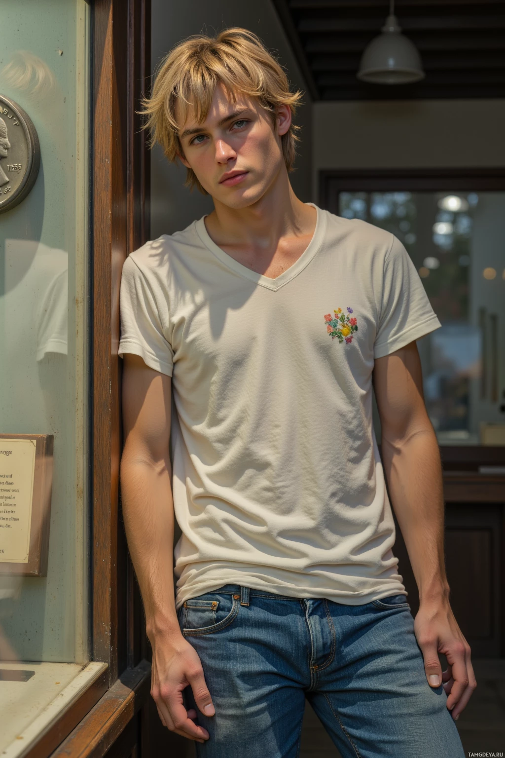 Realistic high quality photo. A young man with messy blonde hair, bright blue eyes and pale skin wearing a simple t‑shirt and well‑worn jeans stands in front of a dusty glass display case holding a 1955 Washington quarter with a tiny white spot under soft afternoon light.