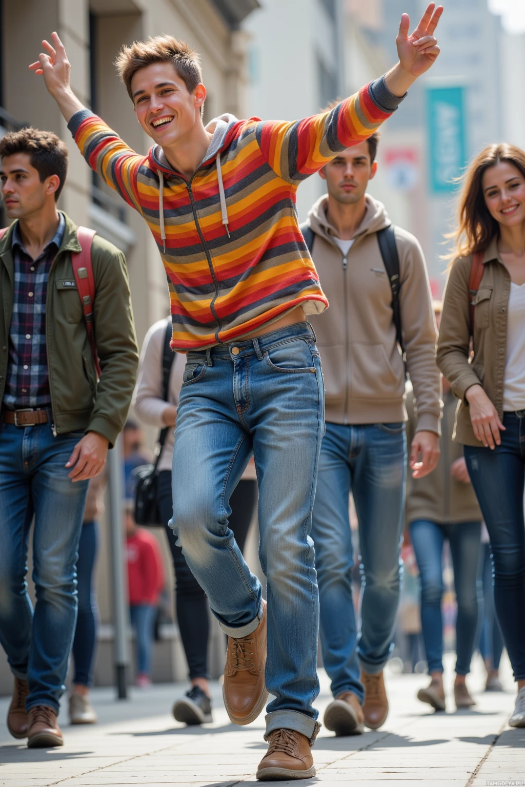 Realistic high quality photo. Young man with light brown short hair, pale skin, green eyes, striped hoodie and blue jeans, mid‑dance improvisation on a lively city sidewalk, laughing while engaging amused passersby under daylight.