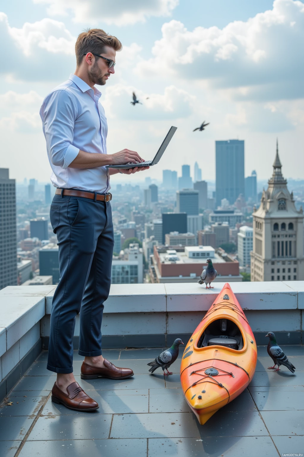 Realistic high quality photo. A 28‑year‑old man with neat blonde hair and glasses, wearing a crisp white dress shirt, dark blue slim‑fit trousers and brown leather loafers, stands on the flat roof of a modern high‑rise building, focused on traffic data on a laptop while a folding kayak is strapped to the edge, small pigeons flitting nearby under late afternoon clouds.