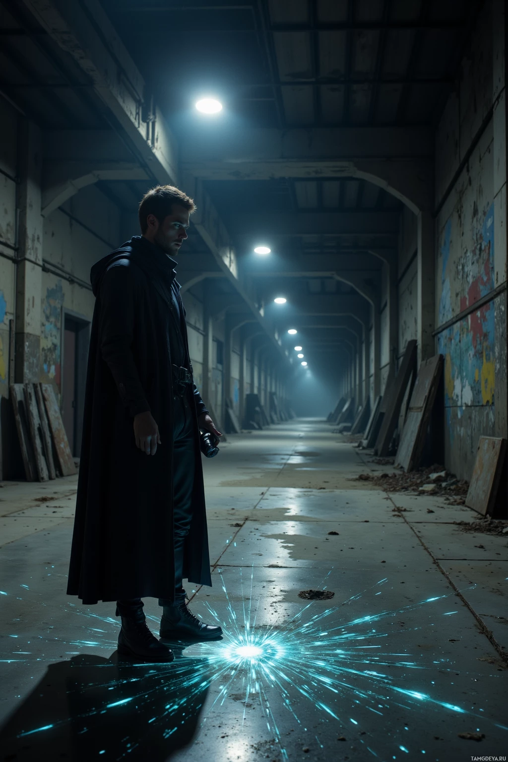 Realistic high quality photo. A man, 33, short light brown hair, piercing blue eyes, calm intense expression, wearing a dark practical cloak and form‑fitting urban gear, stands in a dimly lit abandoned warehouse aisle under old streetlamps, tracing faint glowing data streams on the concrete floor with a handheld scanner, shadows pooling around him as he observes patterns from a distance, night setting.