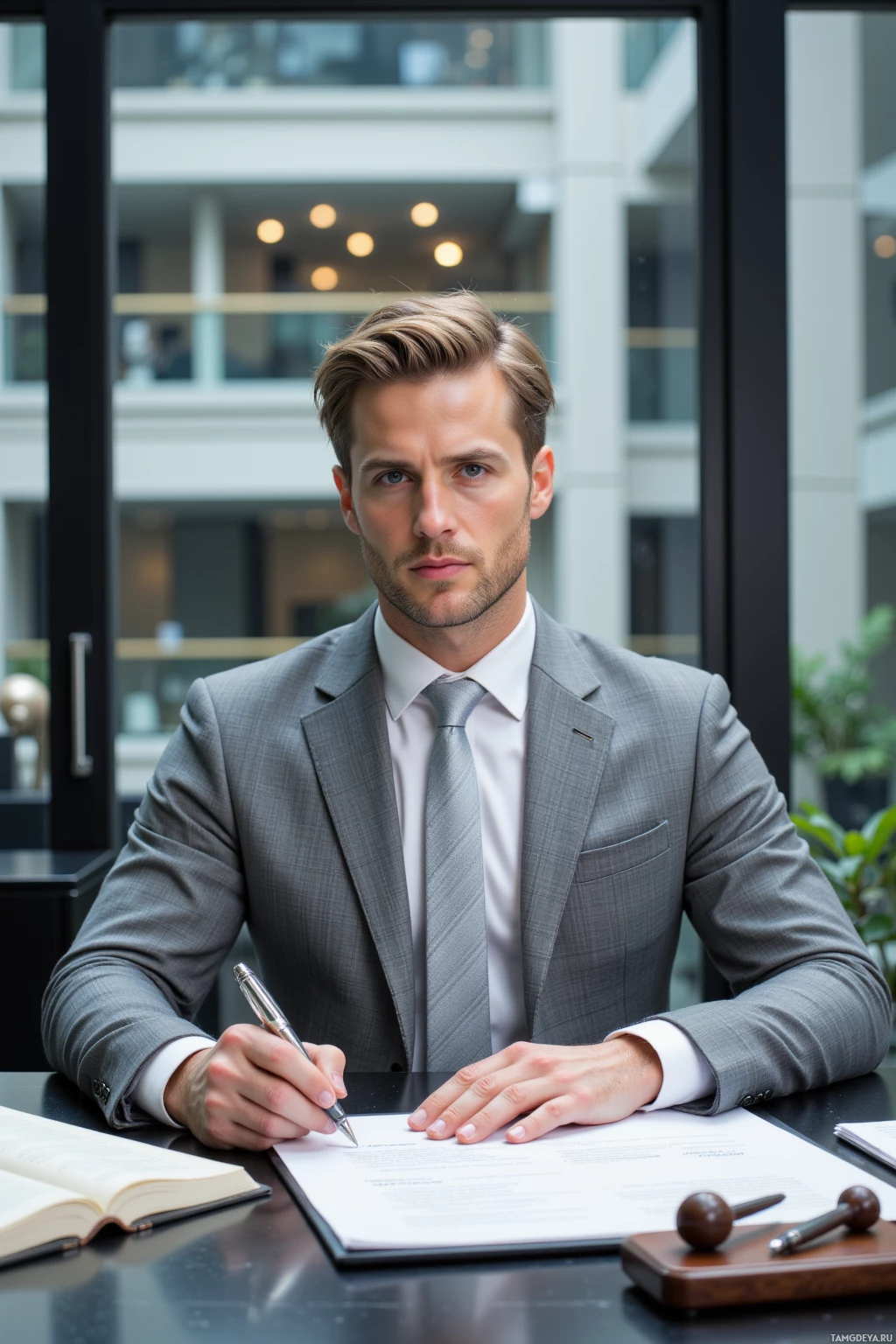 Realistic high quality photo. Modern office interior with glass walls, a man in a pale gray tailored suit, crisp white shirt and silver tie, short blonde hair and blue eyes, seated at a sleek desk surrounded by legal contracts, notebooks and an array of fountain pens on a tray, holding a silver‑tipped pen with a focused, calm posture reflecting strategic mastery.