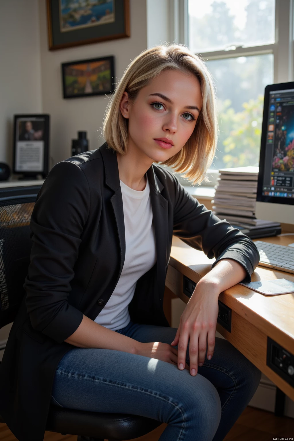 Realistic high quality photo. 26‑year‑old woman with light blonde bobbed hair, green eyes, wearing a dark jacket over a white shirt and jeans, sits at a desk bathed in slanted afternoon light, surrounded by a stack of unopened strategy guides, her hand poised over a custom mechanical keyboard that clicks like a metronome, while a tactical game scrolls on a monitor, her focused posture conveying obsessive precision.