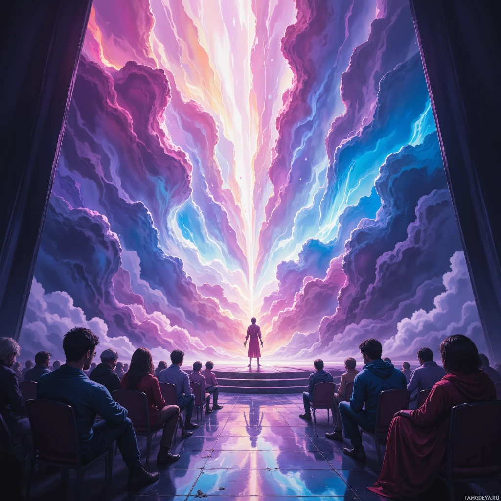 Semi-abstract image with many empty light space at center of beautiful background, that is suitable for the post:  The world is a stage where my smile is both sword and shield, cutting through truth's dull edges.